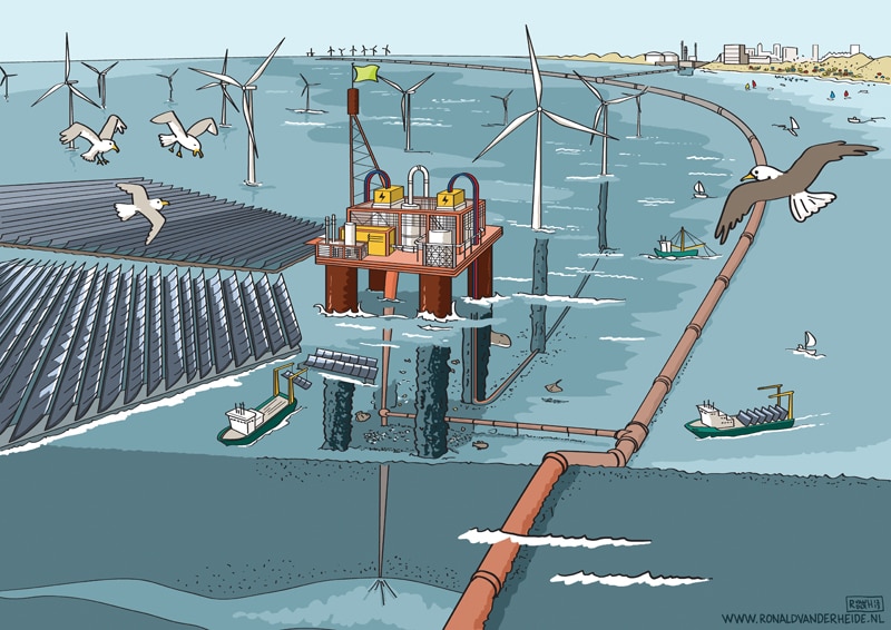 Visualisatie in vogelvlucht hernieuwbare energie biomassa en groen gas. Ronald van der Heide is illustrator, striptekenaar en live tekenaar (sneltekenaar). Complexe thema’s en informatie vat hij in heldere tekeningen, cartoons, een visueel verslag, strips en infographics. 