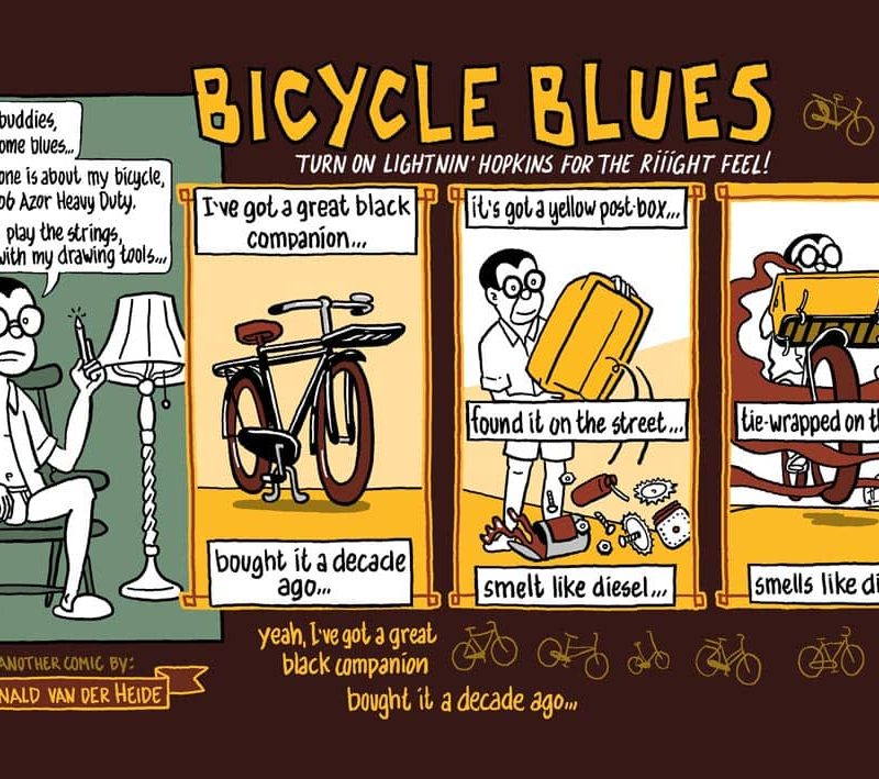 strip fietsen: bicycle blues. striptekenaar stripmaker klare lijn Utrecht Inktpot journalistieke historische strips