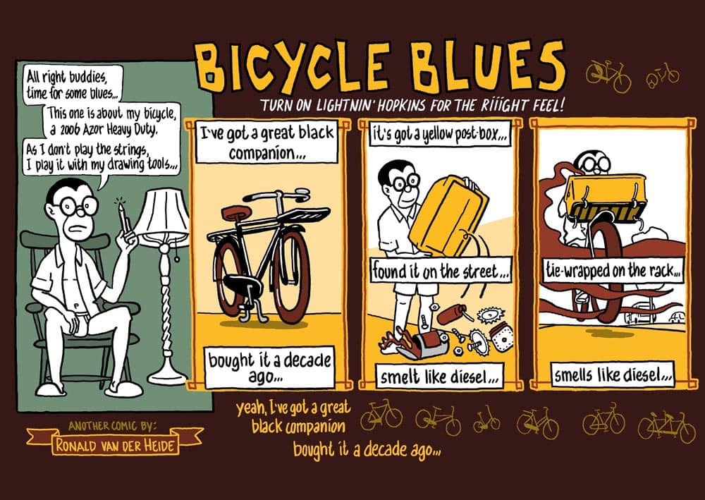 strip fietsen: bicycle blues. striptekenaar stripmaker klare lijn Utrecht Inktpot journalistieke historische strips 