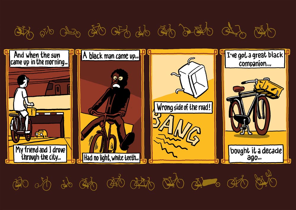 strip fietsen: bicycle blues. striptekenaar stripmaker klare lijn Utrecht Inktpot historische strips journalistieke 