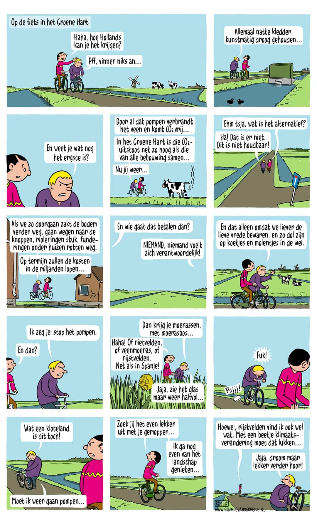 Strip over bodemdaling, landschap, architectuur en stedenbouw. Visualisatie van hoe lastig het proces is.