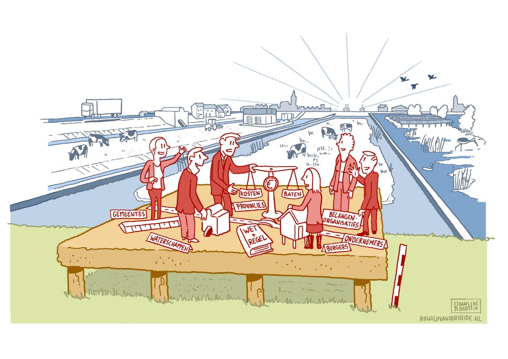 Ronald van der Heide is illustrator, sneltekenaar en maakt infographics. Tekening voor uitnodiging symposium In het Veen over bodemdaling, landschap, stedenbouw, architectuur, infrastructuur.