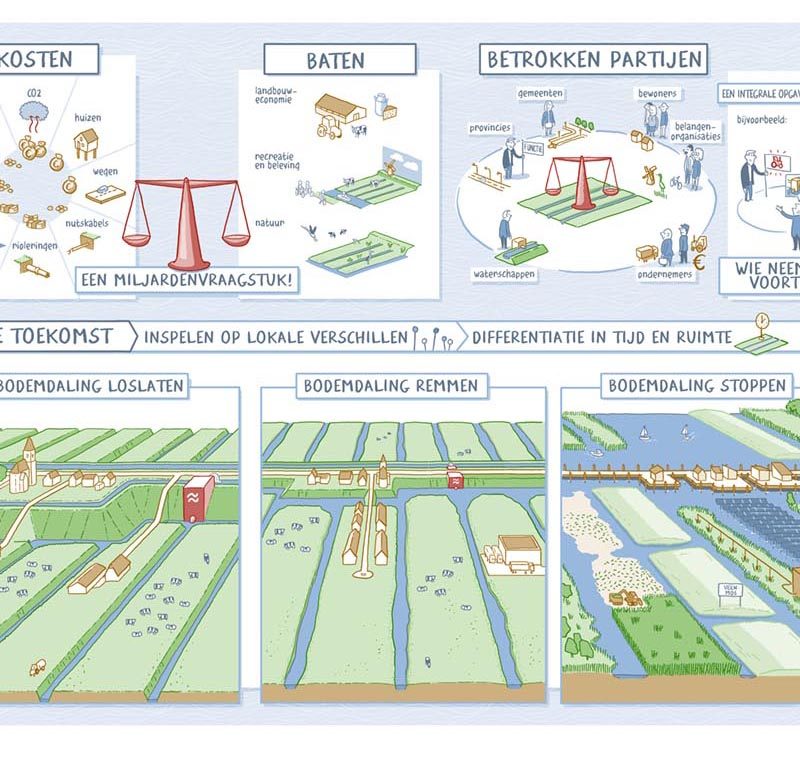 Ronald van der Heide maakt infographics, is sneltekenaar, illustrator en stripmaker. Infographic over landschap, stedenbouw, architectuur, water, infrastructuur en bodemdaling voor congres.