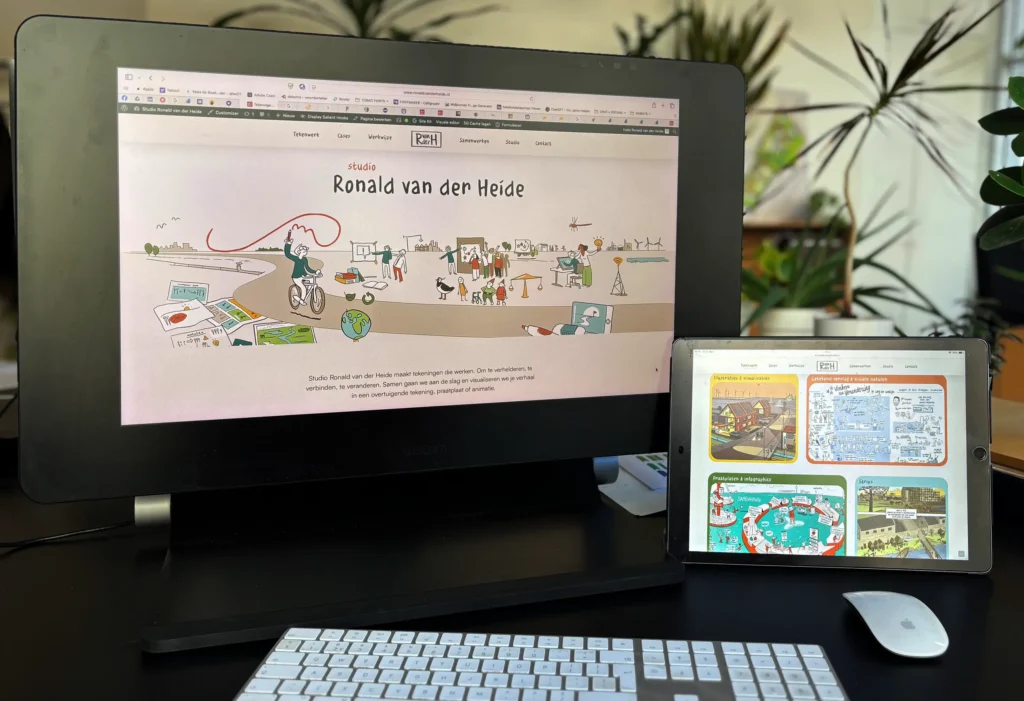 foto met screenshots van homepage met tekening en pagina met portfolio illustraties